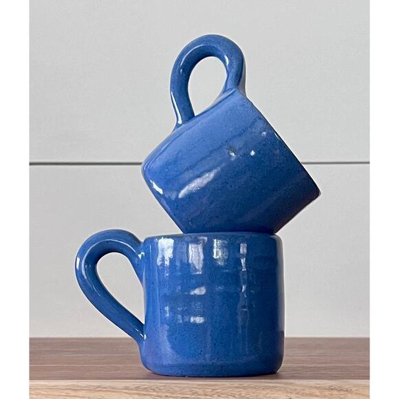 Petite Handmade Pottery Coffee Tea Mug Cup Set of 2 Royal Blue - Picture 1 of 8